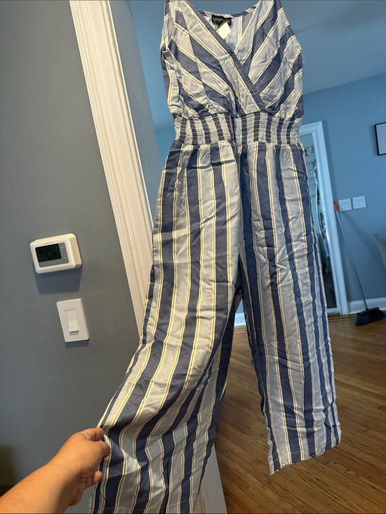 Pants - Striped Smocked-Waist Jumpsuit - Blue/White